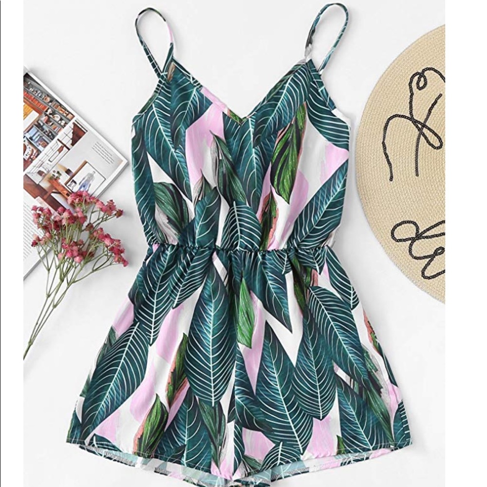 Tropical palm print romper. Small